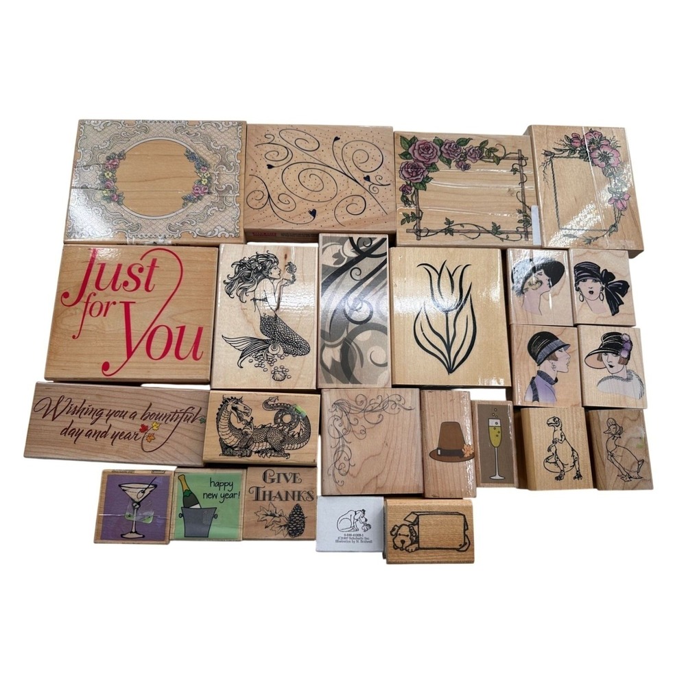 Vintage Lot Of 24 Wooden Rubber Stamps Assorted Designs Hero Arts Mixed Brands‎